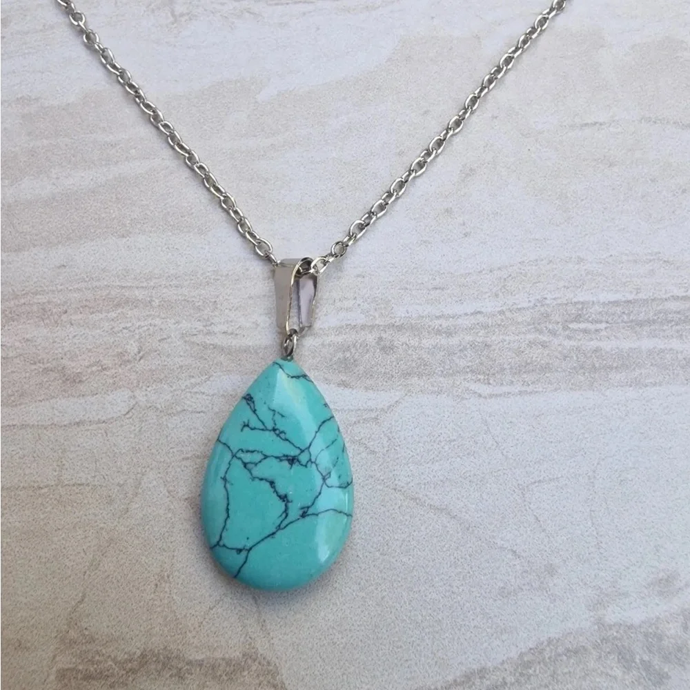 New Handmade 925 Sterling Silver Natural Turquoise Water Drop Necklace